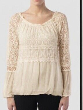 Charlie B Cream Lace Silk Gauze Sheer Blouse Boho Silk Blend Sz L